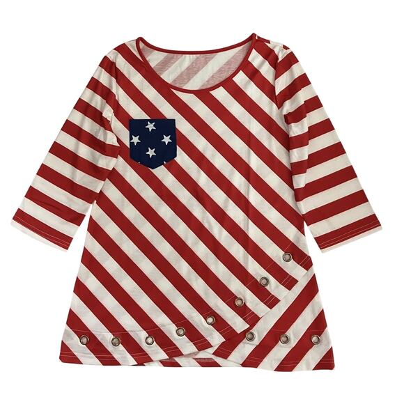 Womens Modlily Patriotic Flag Print T Shirt Top 3/4 Sleeve Bottom Ring Detail M - Picture 1 of 11